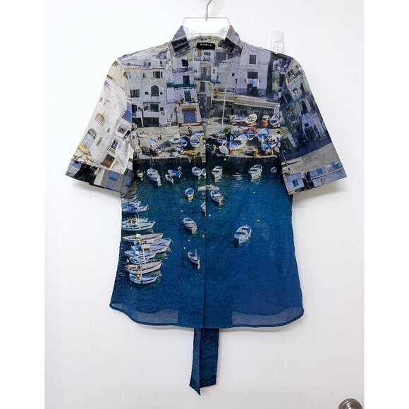 Akris Marina Grande Capri Port Print Cotton Shirt Top Blue Buildings Boats 6 - Picture 4 of 13